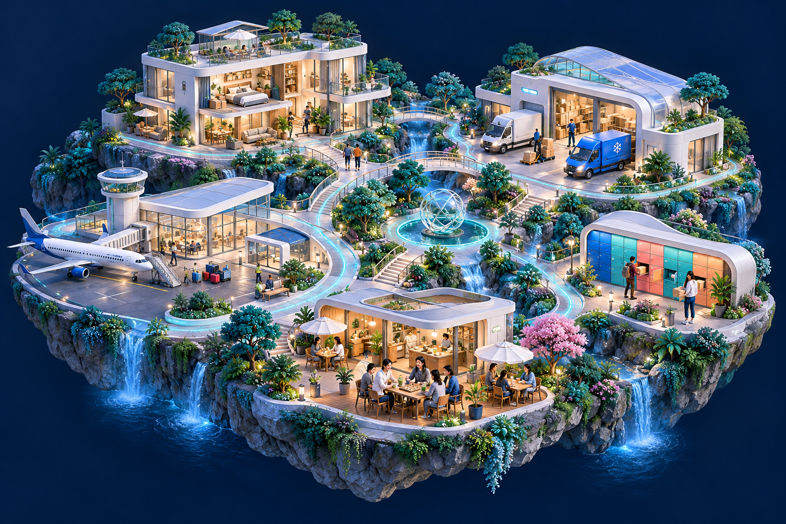 A futuristic miniature city connecting a home, airport, delivery hub, storage network and café